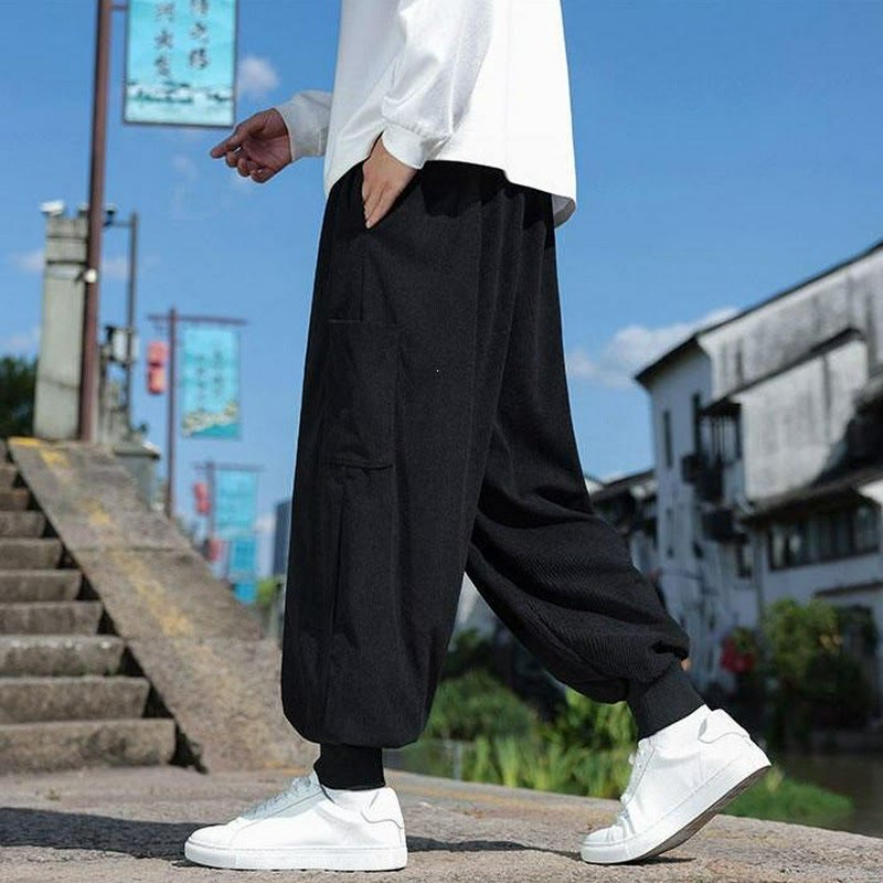 Buddha Stones Lässige Herrenhose mit aufgesetzter Tasche, Kordelzug, aufgesetzter Tasche, Knöchellänge, schmal zulaufend, für Herbst und Winter - image 16