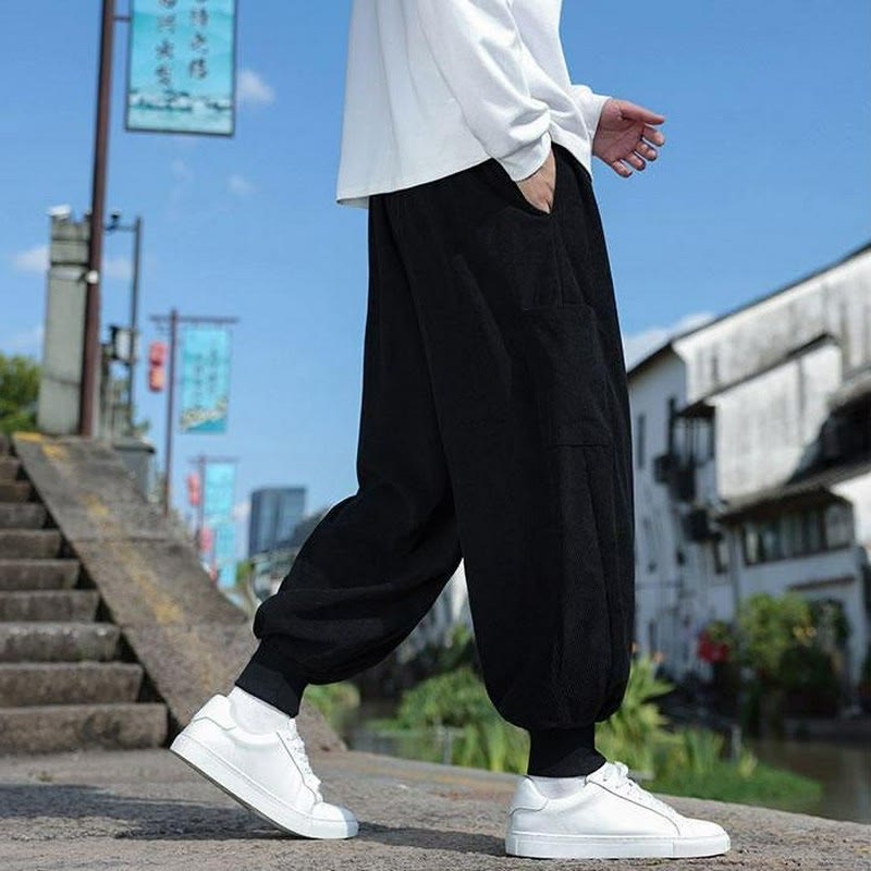 Buddha Stones Lässige Herrenhose mit aufgesetzter Tasche, Kordelzug, aufgesetzter Tasche, Knöchellänge, schmal zulaufend, für Herbst und Winter - image 15