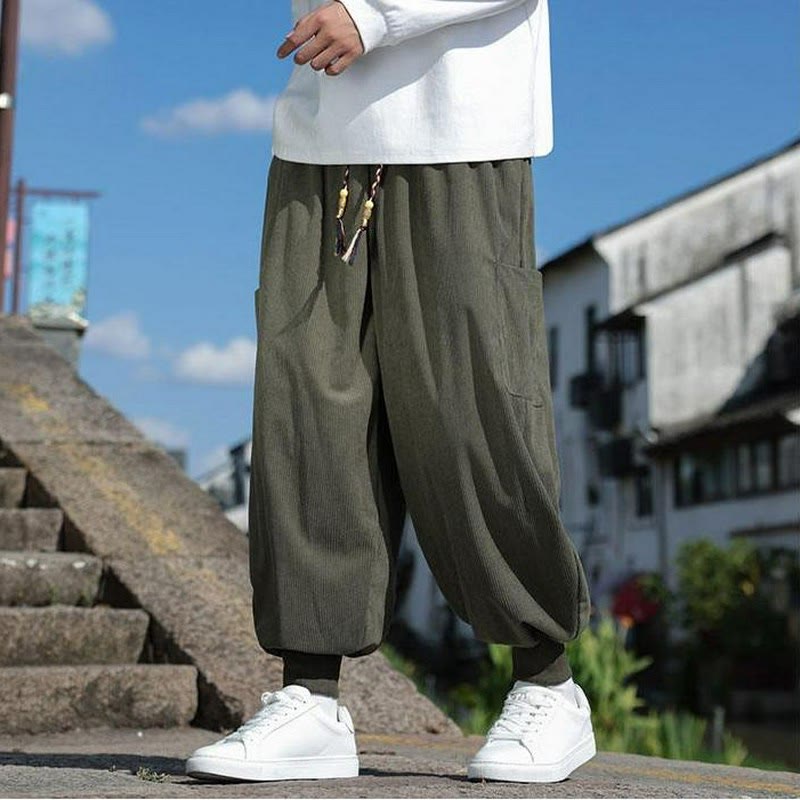 Buddha Stones Lässige Herrenhose mit aufgesetzter Tasche, Kordelzug, aufgesetzter Tasche, Knöchellänge, schmal zulaufend, für Herbst und Winter - image 3