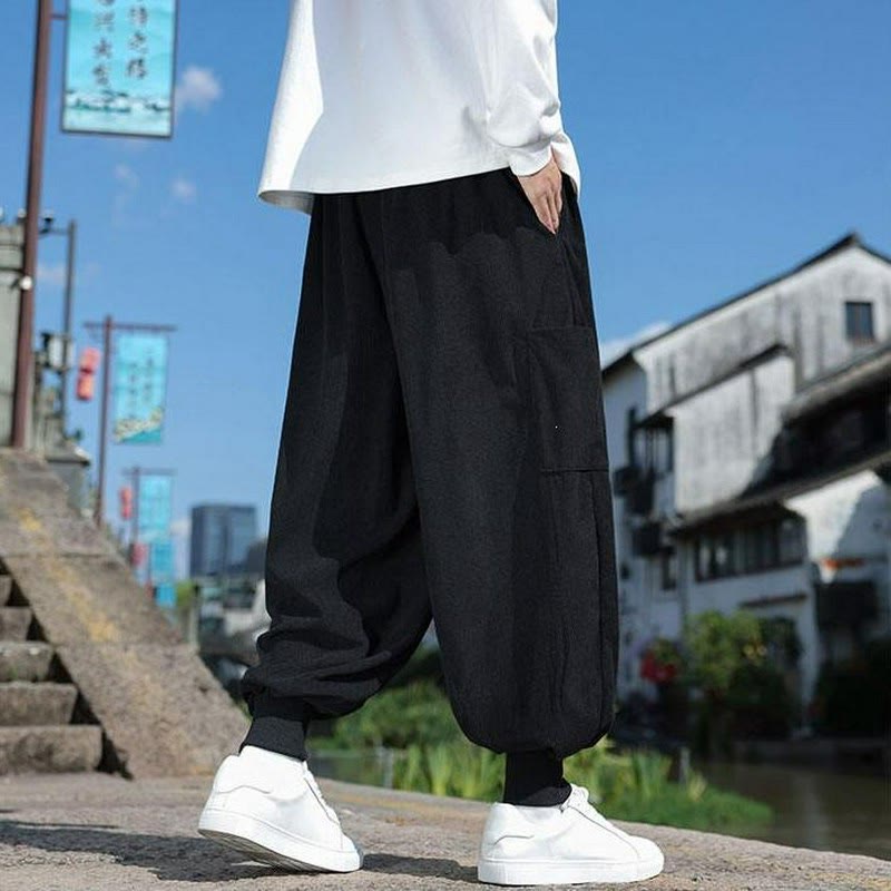 Buddha Stones Lässige Herrenhose mit aufgesetzter Tasche, Kordelzug, aufgesetzter Tasche, Knöchellänge, schmal zulaufend, für Herbst und Winter - image 17