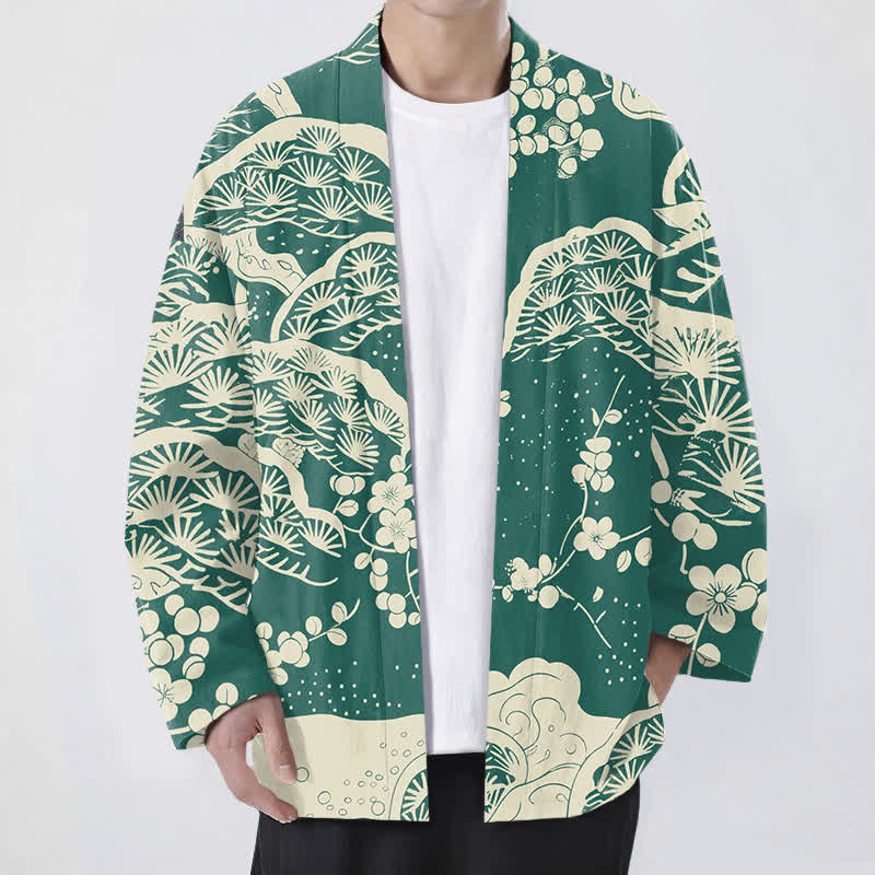 Buddha Stones Kimono für Herren aus Baumwolle mit Kiefern- und Pflaumenblütenmuster und offener Vorderseite - SeaGreen - US/UK/AU48, EU58 (4XL) - image 6