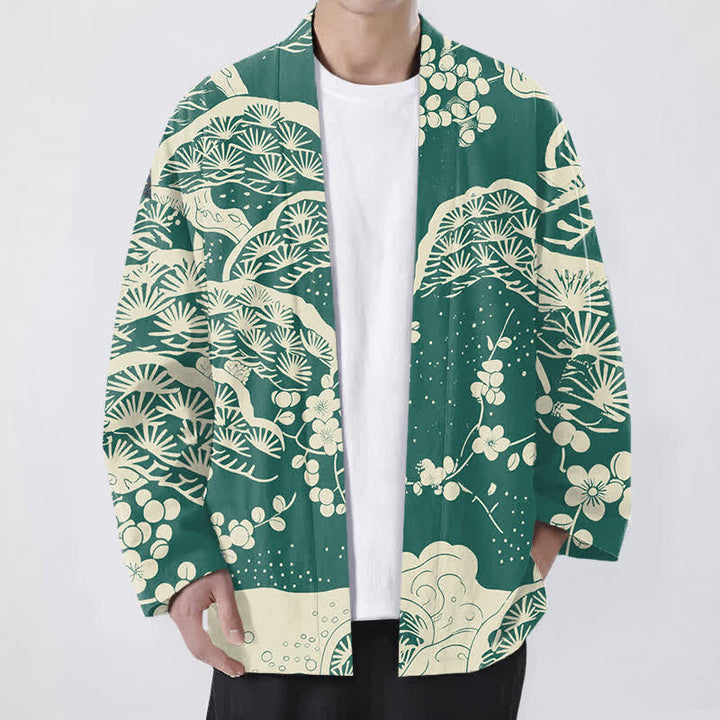 Buddha Stones Kimono für Herren aus Baumwolle mit Kiefern- und Pflaumenblütenmuster und offener Vorderseite - SeaGreen - US/UK/AU48, EU58 (4XL) - image 6