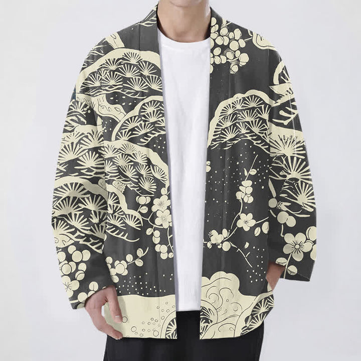 Buddha Stones Kimono für Herren aus Baumwolle mit Kiefern- und Pflaumenblütenmuster und offener Vorderseite - Schiefergrau - US/UK/AU48, EU58 (4XL) - image 9