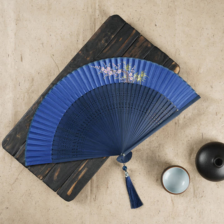 Handlicher Faltfächer aus Bambus mit Buddha-Steinen, einfacher Kirschblüten-Gravur - Dunkelblau, 22 cm - image 10