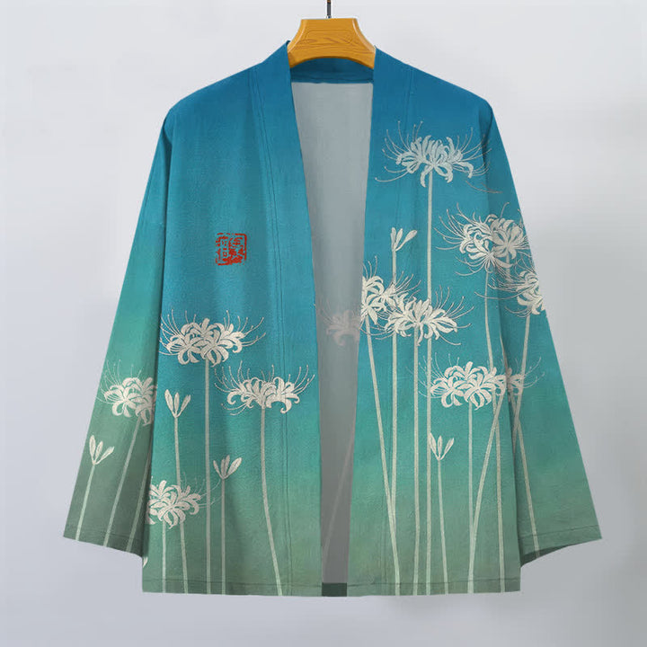Buddha Stones Weißer Baumwollkimono mit Spinnenlilienmuster und offener Vorderseite für Herren - image 1