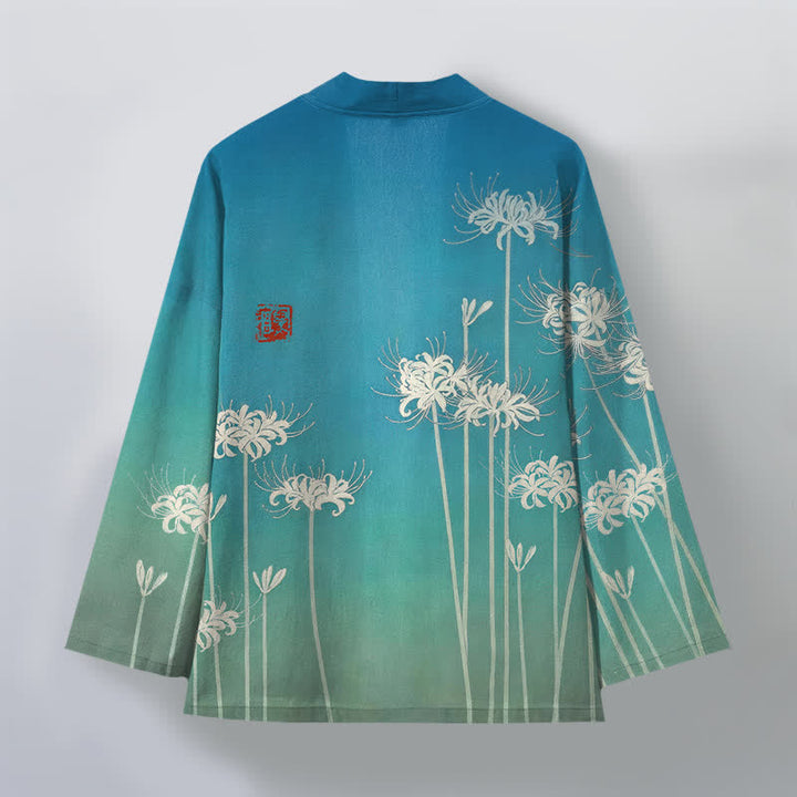 Buddha Stones Weißer Baumwollkimono mit Spinnenlilienmuster und offener Vorderseite für Herren - image 2