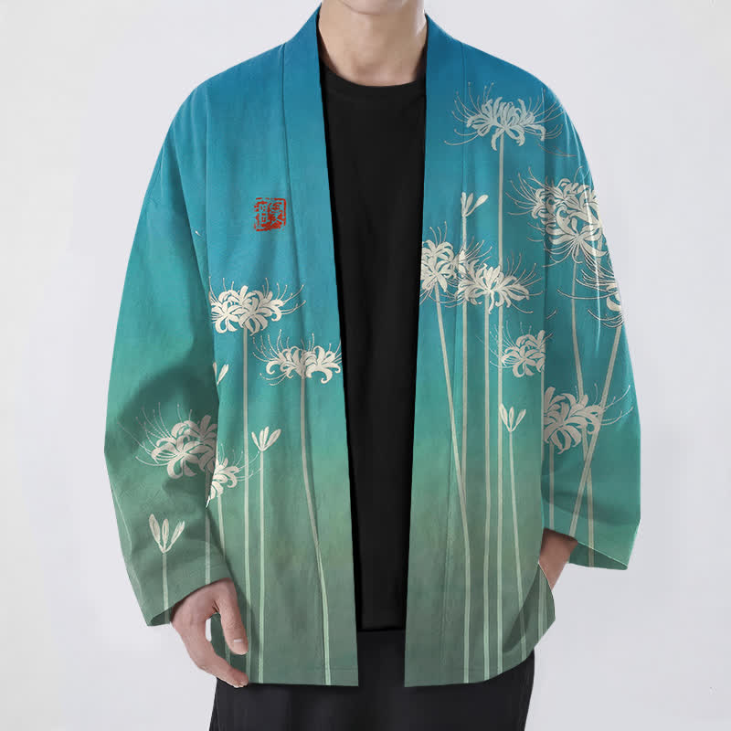 Buddha Stones Weißer Baumwollkimono mit Spinnenlilienmuster und offener Vorderseite für Herren - Mitteltürkis - US/UK/AU48, EU58 (4XL) - image 0