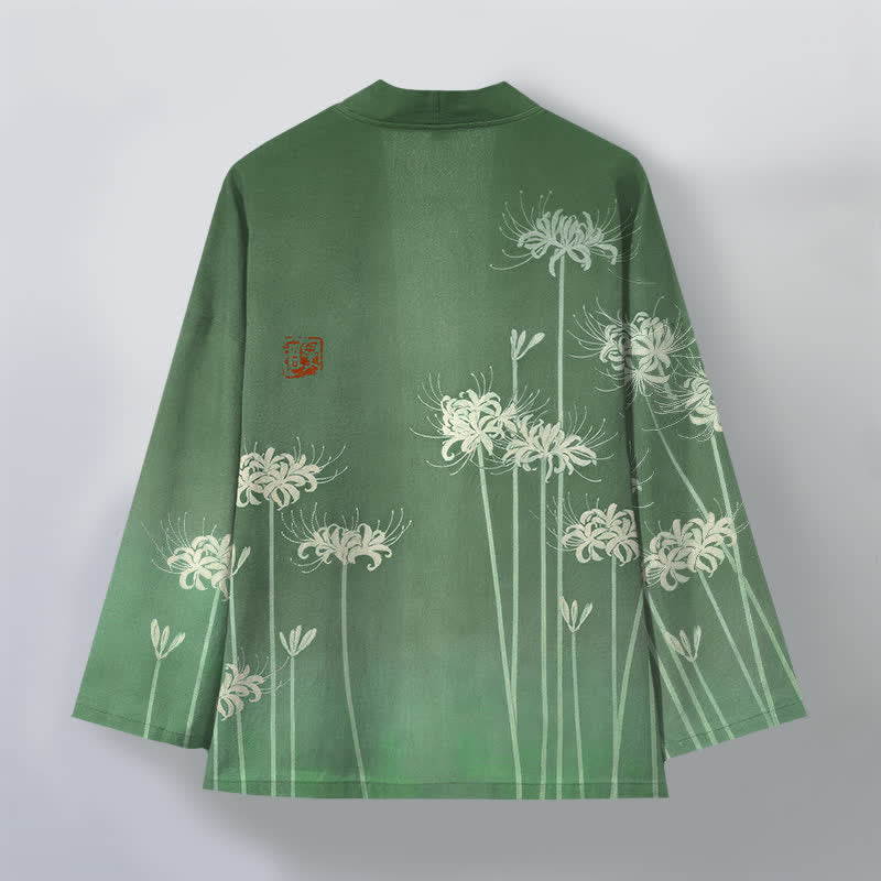 Buddha Stones Weißer Baumwollkimono mit Spinnenlilienmuster und offener Vorderseite für Herren - image 8