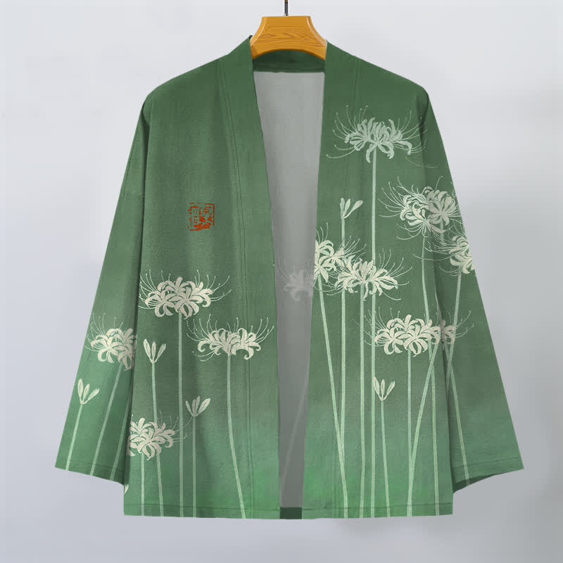 Buddha Stones Weißer Baumwollkimono mit Spinnenlilienmuster und offener Vorderseite für Herren - image 7