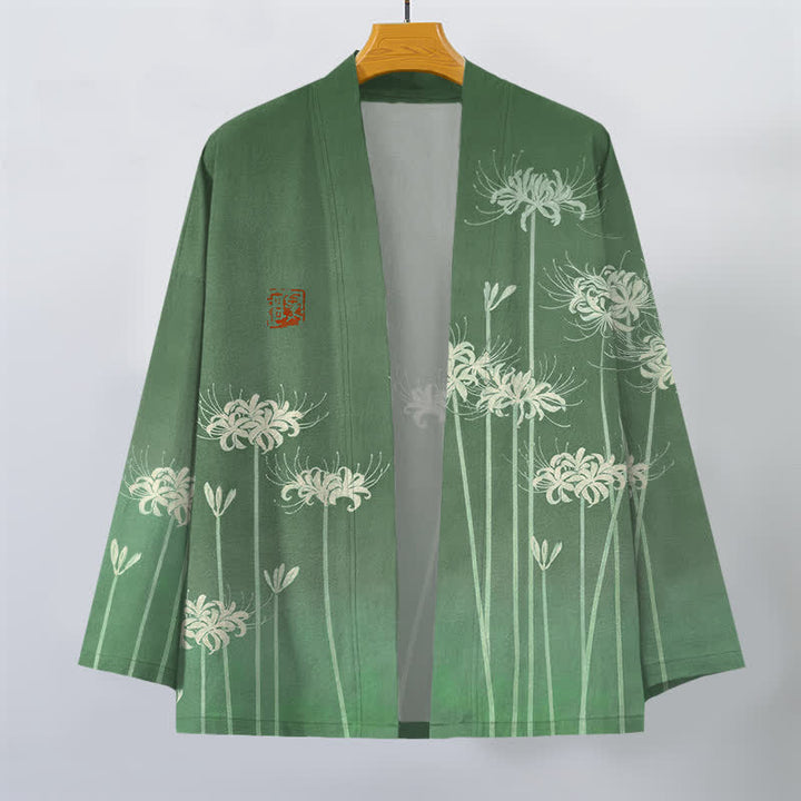 Buddha Stones Weißer Baumwollkimono mit Spinnenlilienmuster und offener Vorderseite für Herren - image 7