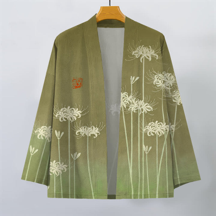 Buddha Stones Weißer Baumwollkimono mit Spinnenlilienmuster und offener Vorderseite für Herren - image 10