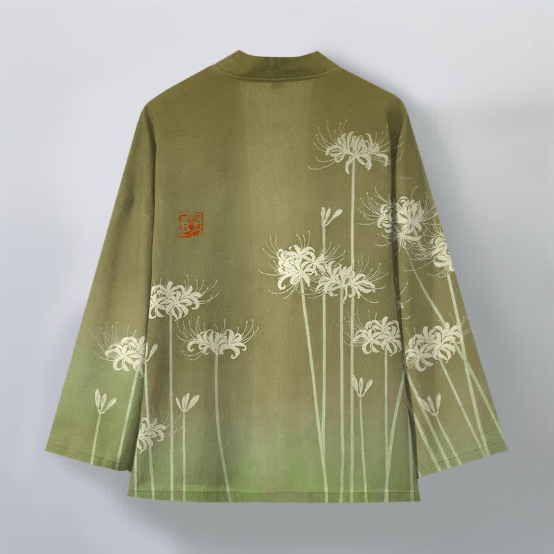 Buddha Stones Weißer Baumwollkimono mit Spinnenlilienmuster und offener Vorderseite für Herren - image 11