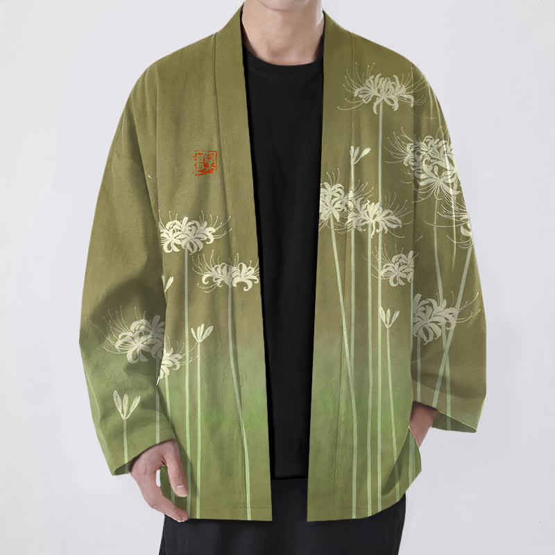 Buddha Stones Weißer Baumwollkimono mit Spinnenlilienmuster und offener Vorderseite für Herren - Olive - US/UK/AU48, EU58 (4XL) - image 9