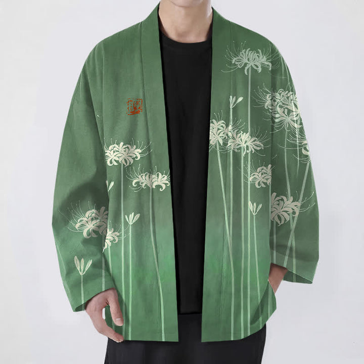 Buddha Stones Weißer Baumwollkimono mit Spinnenlilienmuster und offener Vorderseite für Herren - Waldgrün - US/UK/AU48, EU58 (4XL) - image 6