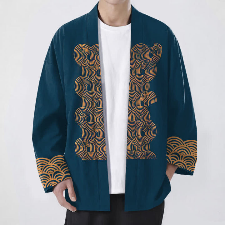 Buddha Stones Kimono aus Baumwolle mit Halbmond-Wellenmuster und offener Vorderseite für Herren - Türkis - US/UK/AU48, EU58 (4XL) - image 6