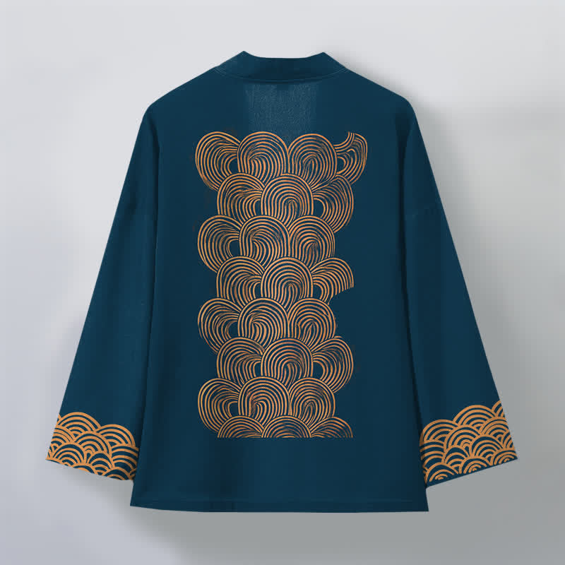 Buddha Stones Kimono aus Baumwolle mit Halbmond-Wellenmuster und offener Vorderseite für Herren - image 8