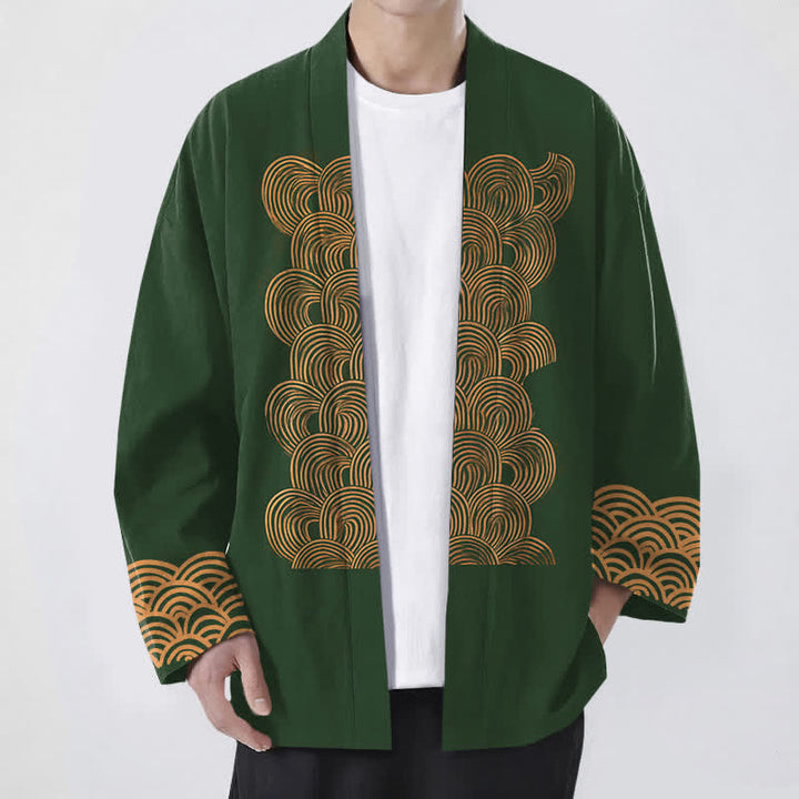 Buddha Stones Kimono aus Baumwolle mit Halbmond-Wellenmuster und offener Vorderseite für Herren - Dunkelgrün - US/UK/AU48, EU58 (4XL) - image 9