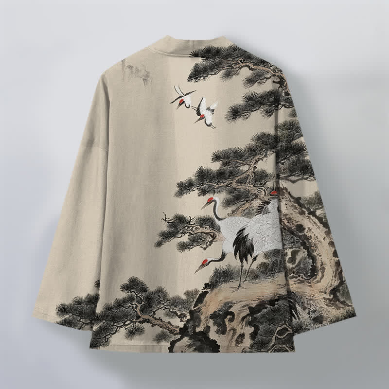Buddha Stones Kimono für Herren aus Baumwolle mit offenem Vorderteil und Kiefern-Kranich-Tintenmuster - image 2