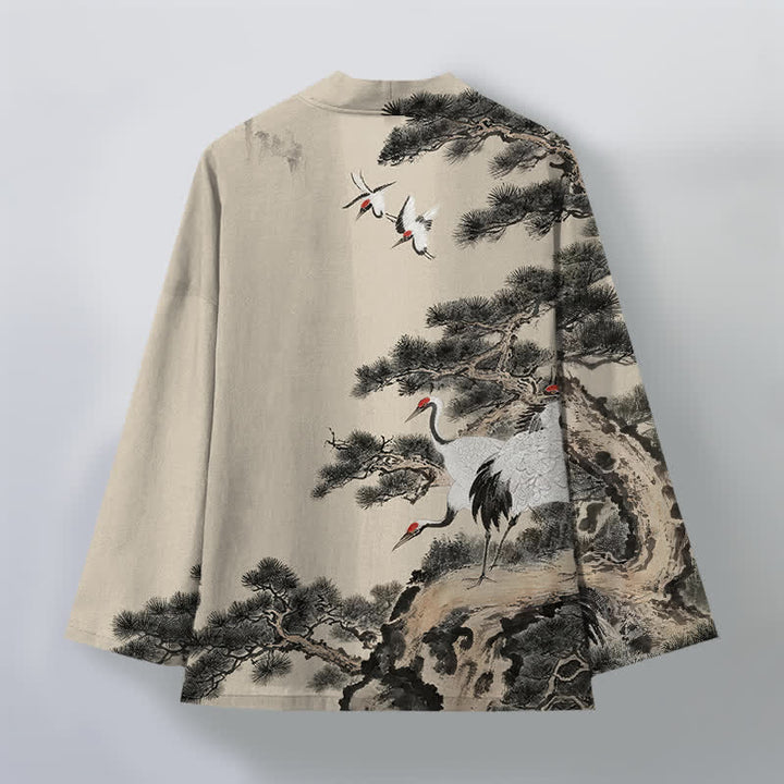 Buddha Stones Kimono für Herren aus Baumwolle mit offenem Vorderteil und Kiefern-Kranich-Tintenmuster - image 2
