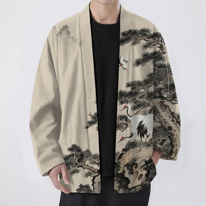 Buddha Stones Kimono für Herren aus Baumwolle mit offenem Vorderteil und Kiefern-Kranich-Tintenmuster - Beige - US/UK/AU48, EU58 (4XL) - image 0
