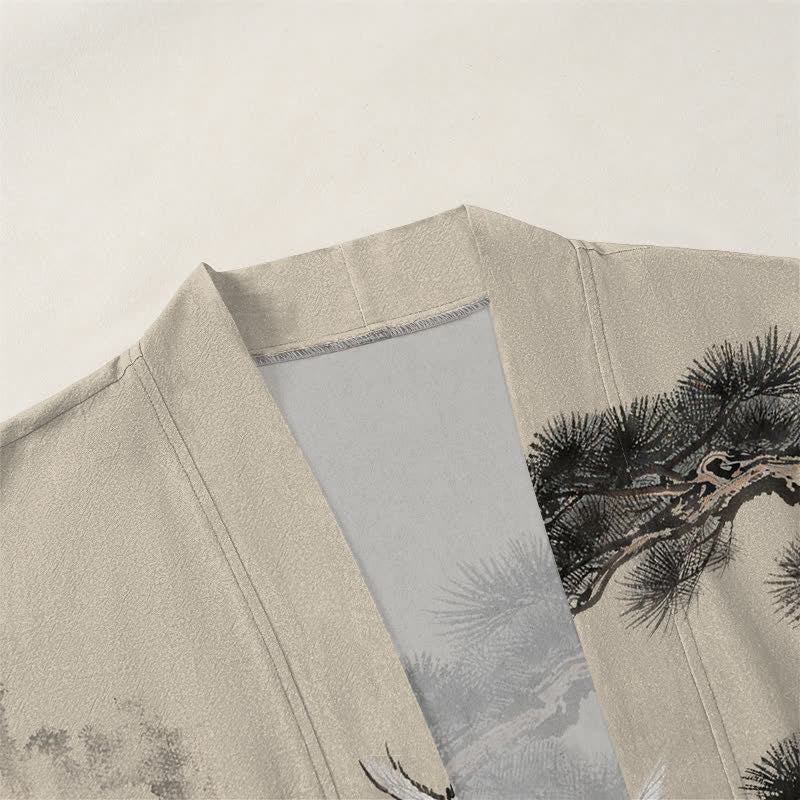 Buddha Stones Kimono für Herren aus Baumwolle mit offenem Vorderteil und Kiefern-Kranich-Tintenmuster - image 3