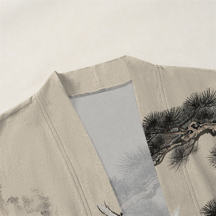 Buddha Stones Kimono für Herren aus Baumwolle mit offenem Vorderteil und Kiefern-Kranich-Tintenmuster - image 3