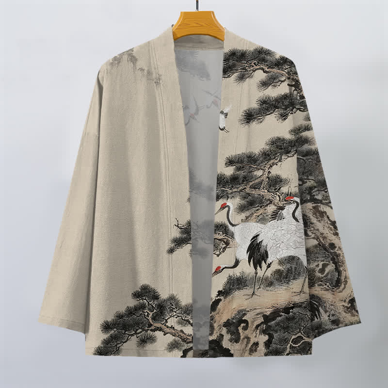 Buddha Stones Kimono für Herren aus Baumwolle mit offenem Vorderteil und Kiefern-Kranich-Tintenmuster - image 1