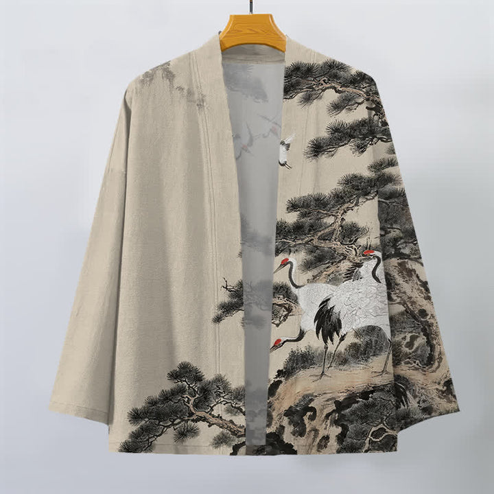 Buddha Stones Kimono für Herren aus Baumwolle mit offenem Vorderteil und Kiefern-Kranich-Tintenmuster - image 1