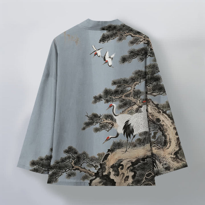 Buddha Stones Kimono für Herren aus Baumwolle mit offenem Vorderteil und Kiefern-Kranich-Tintenmuster - image 8
