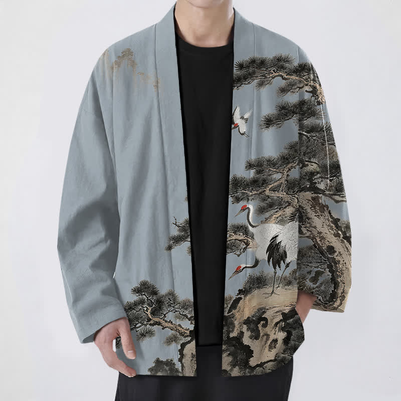 Buddha Stones Kimono für Herren aus Baumwolle mit offenem Vorderteil und Kiefern-Kranich-Tintenmuster - Hellstahlblau - US/UK/AU48, EU58 (4XL) - image 6