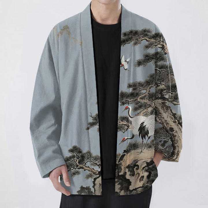 Buddha Stones Kimono für Herren aus Baumwolle mit offenem Vorderteil und Kiefern-Kranich-Tintenmuster - Hellstahlblau - US/UK/AU48, EU58 (4XL) - image 6