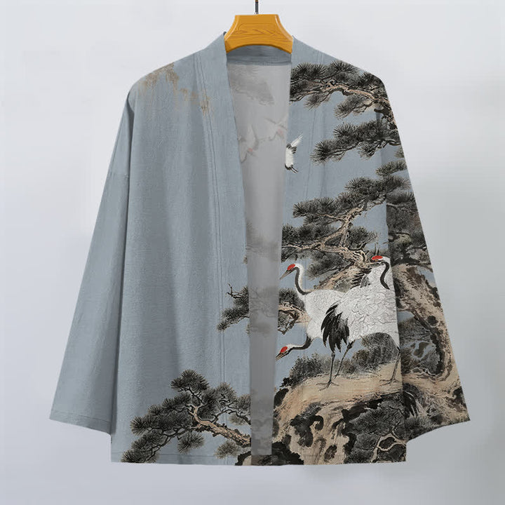 Buddha Stones Kimono für Herren aus Baumwolle mit offenem Vorderteil und Kiefern-Kranich-Tintenmuster - image 7