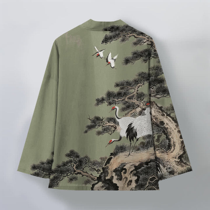 Buddha Stones Kimono für Herren aus Baumwolle mit offenem Vorderteil und Kiefern-Kranich-Tintenmuster - image 11