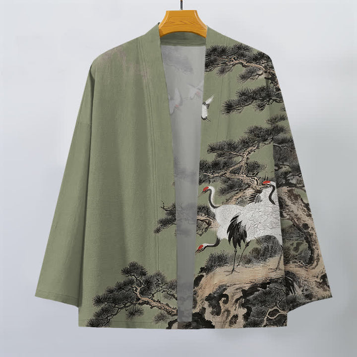 Buddha Stones Kimono für Herren aus Baumwolle mit offenem Vorderteil und Kiefern-Kranich-Tintenmuster - image 10