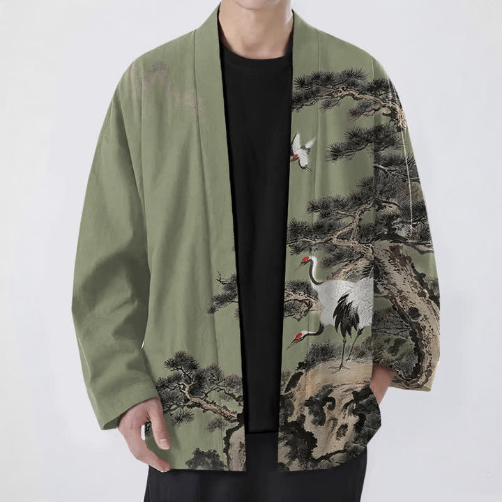 Buddha Stones Kimono für Herren aus Baumwolle mit offenem Vorderteil und Kiefern-Kranich-Tintenmuster - Olivgrün - US/UK/AU48, EU58 (4XL) - image 9