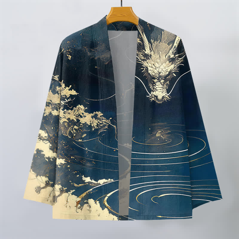 Buddha Stones Kimono aus Baumwolle mit goldenem Drachen-, Wolken- und Wellenmuster, offener Vorderseite, für Herren - image 1