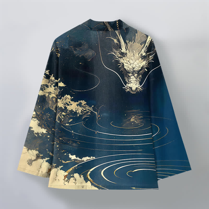 Buddha Stones Kimono aus Baumwolle mit goldenem Drachen-, Wolken- und Wellenmuster, offener Vorderseite, für Herren - image 2