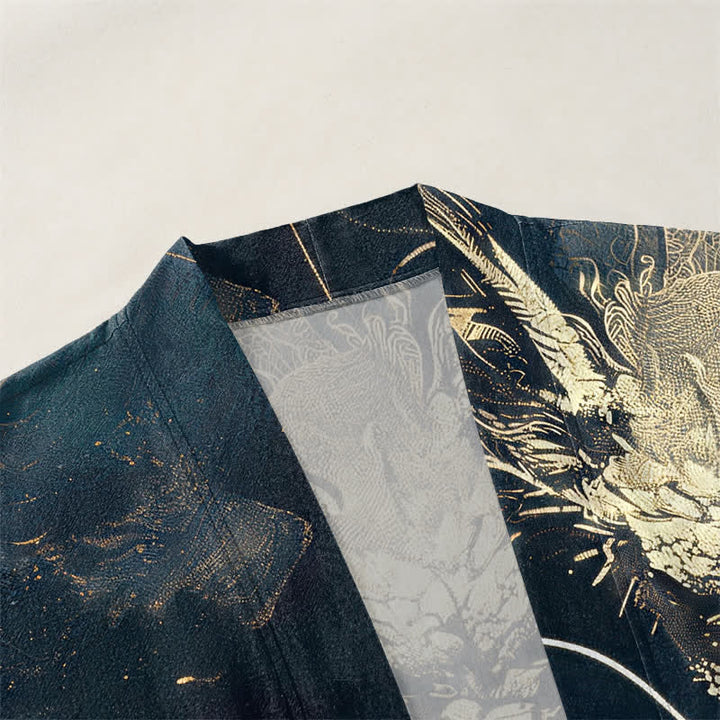 Buddha Stones Kimono aus Baumwolle mit goldenem Drachen-, Wolken- und Wellenmuster, offener Vorderseite, für Herren - image 3