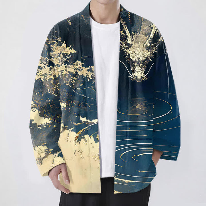 Buddha Stones Kimono aus Baumwolle mit goldenem Drachen-, Wolken- und Wellenmuster, offener Vorderseite, für Herren - Marine - US/UK/AU48, EU58 (4XL) - image 0