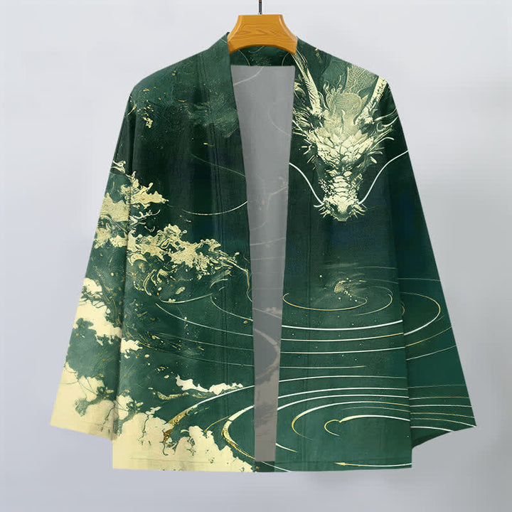 Buddha Stones Kimono aus Baumwolle mit goldenem Drachen-, Wolken- und Wellenmuster, offener Vorderseite, für Herren - image 7
