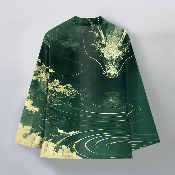 Buddha Stones Kimono aus Baumwolle mit goldenem Drachen-, Wolken- und Wellenmuster, offener Vorderseite, für Herren - image 8