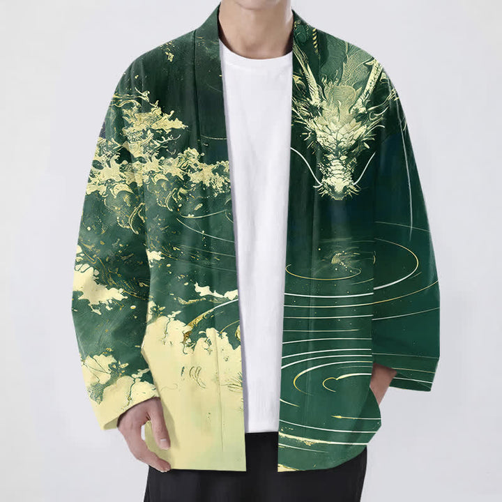 Buddha Stones Kimono aus Baumwolle mit goldenem Drachen-, Wolken- und Wellenmuster, offener Vorderseite, für Herren - Dunkelgrün - US/UK/AU48, EU58 (4XL) - image 6
