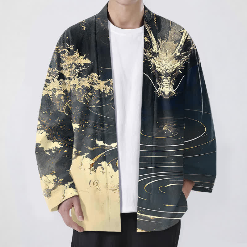Buddha Stones Kimono aus Baumwolle mit goldenem Drachen-, Wolken- und Wellenmuster, offener Vorderseite, für Herren - Schwarz - US/UK/AU48, EU58 (4XL) - image 9