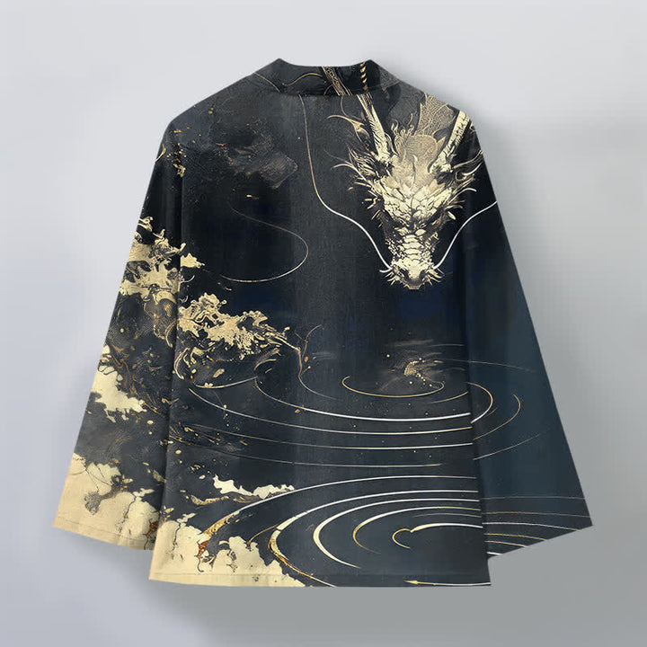 Buddha Stones Kimono aus Baumwolle mit goldenem Drachen-, Wolken- und Wellenmuster, offener Vorderseite, für Herren - image 11
