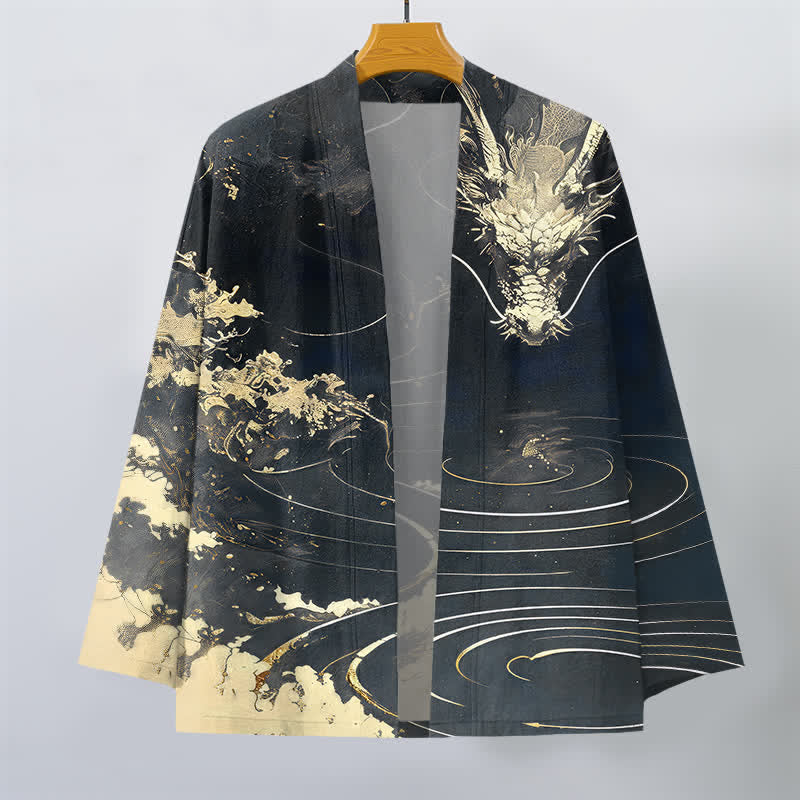 Buddha Stones Kimono aus Baumwolle mit goldenem Drachen-, Wolken- und Wellenmuster, offener Vorderseite, für Herren - image 10
