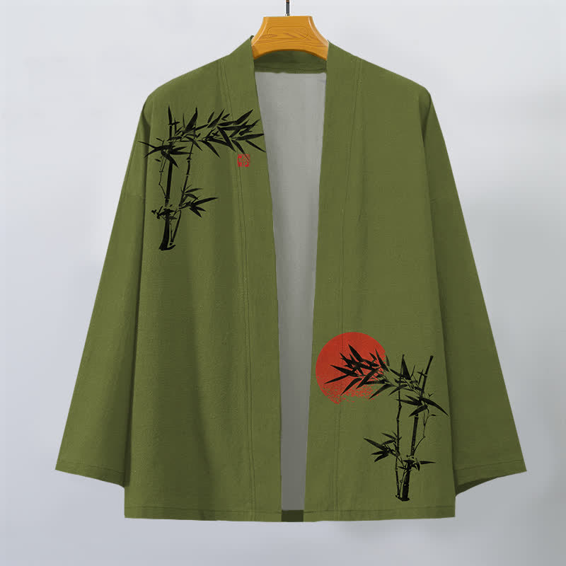 Buddha Stones Kimono für Herren aus Baumwolle und Bambus mit rotem Sonnenmuster und offener Vorderseite, gefertigt aus rotem Sonnenmuster. - image 1