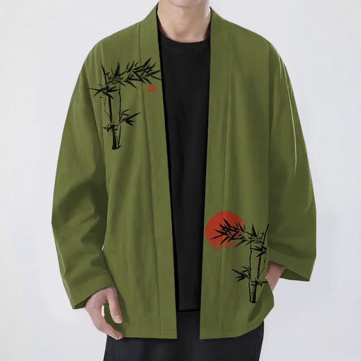 Buddha Stones Kimono für Herren aus Baumwolle und Bambus mit rotem Sonnenmuster und offener Vorderseite, gefertigt aus rotem Sonnenmuster. - Olivgrün - US/UK/AU48, EU58 (4XL) - image 0