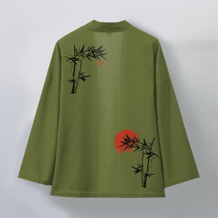 Buddha Stones Kimono für Herren aus Baumwolle und Bambus mit rotem Sonnenmuster und offener Vorderseite, gefertigt aus rotem Sonnenmuster. - image 2