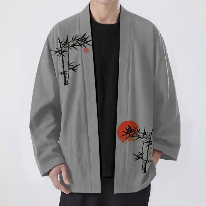 Buddha Stones Kimono für Herren aus Baumwolle und Bambus mit rotem Sonnenmuster und offener Vorderseite, gefertigt aus rotem Sonnenmuster. - Dunkelgrau - US/UK/AU48, EU58 (4XL) - image 6