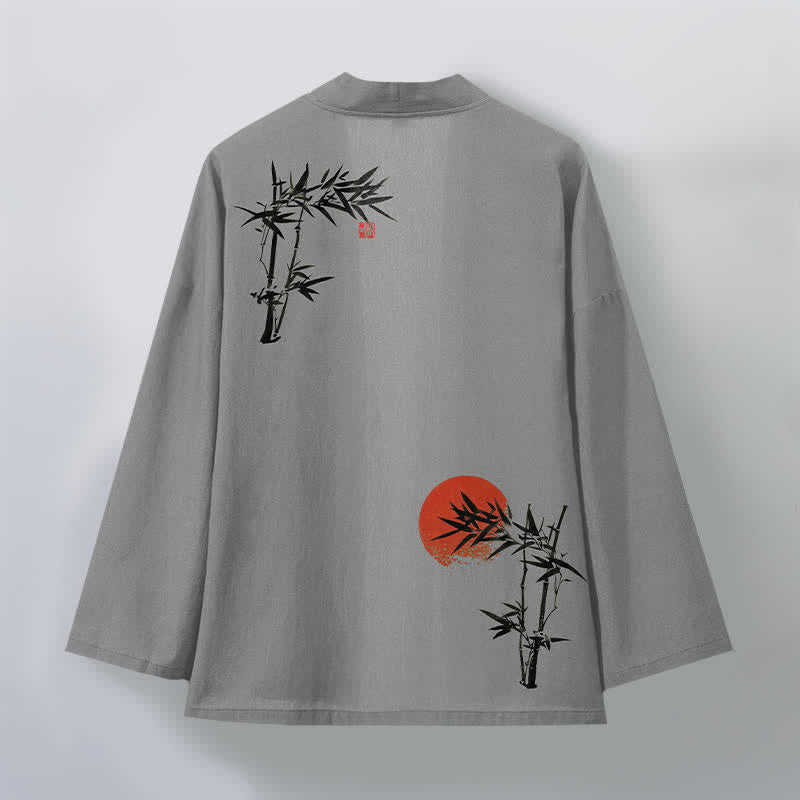 Buddha Stones Kimono für Herren aus Baumwolle und Bambus mit rotem Sonnenmuster und offener Vorderseite, gefertigt aus rotem Sonnenmuster. - image 8
